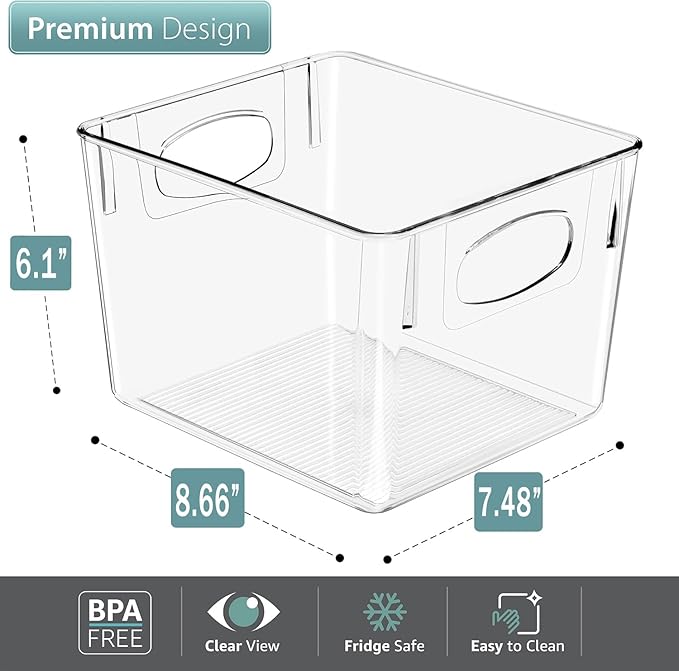 4-Pack Clear Plastic Storage Bins with Handles (8.7"x7.5"x6") – Compact Organizers for Fridge, Freezer & Pantry – Non-Slip Food Safe Containers for Snacks, Yogurt, Spices, Makeup & Office Supplies