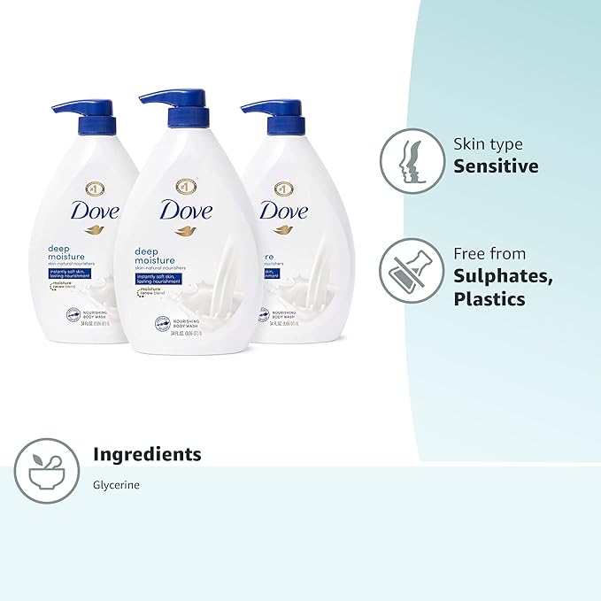 Dove Body Wash, Deeply Nourishing, Value Size 3-Pack – Moisturizing Shower Soap Liquid for Softer, Smoother Skin, 33.8 Oz Ea