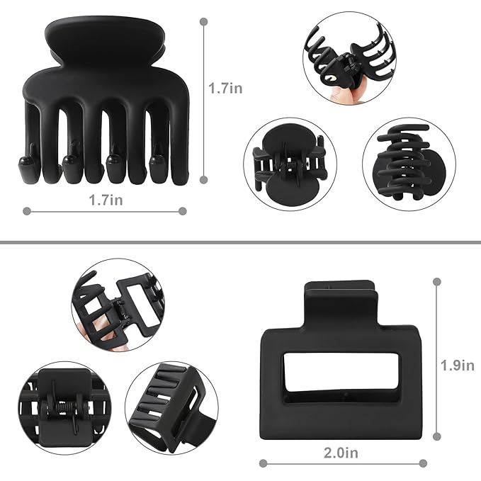 Medium Hair Clips Combination 2 Styles Small Claw Clips for Thin Hair 8 Pcs Matte Non-slip Rectangle Jaw Clips Square Hair Accessories for Women and Girls (Black)