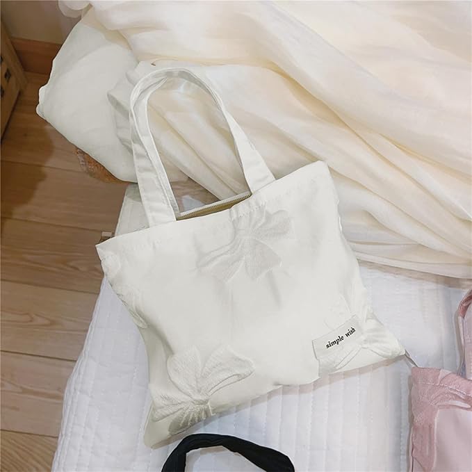 Wudygirl Makeup Bag Travel Cosmetic Bag for Women Small Makeup Pouch with Handle Zipper Cosmetic Pouch Handbag Aesthetic 8.3" x 6.7"(White Bow)