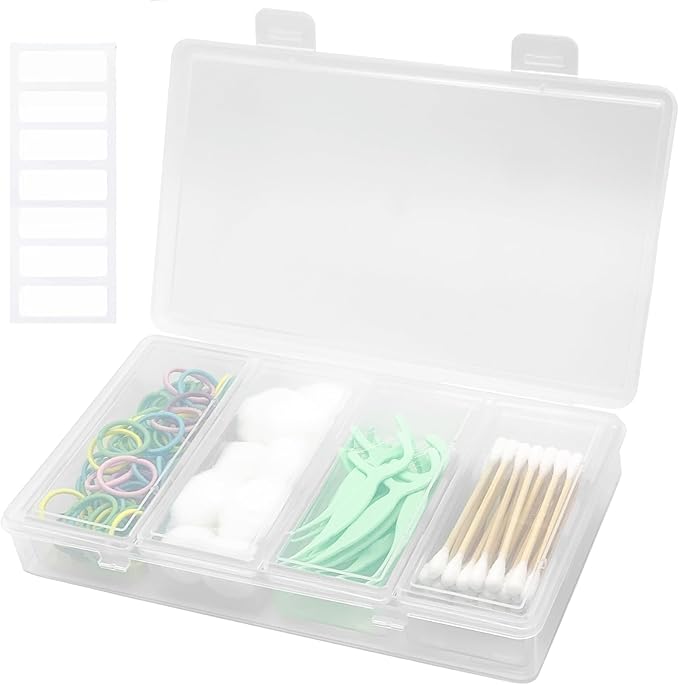 MatFirsmo Cotton Swab Holder for Travel, 4 In 1 Portable Small Dental Floss Holder, Travel Floss Picks Case with Dustproof Lid, Clear Plastic Small Travel Containers for Cotton Bud Hair Ties