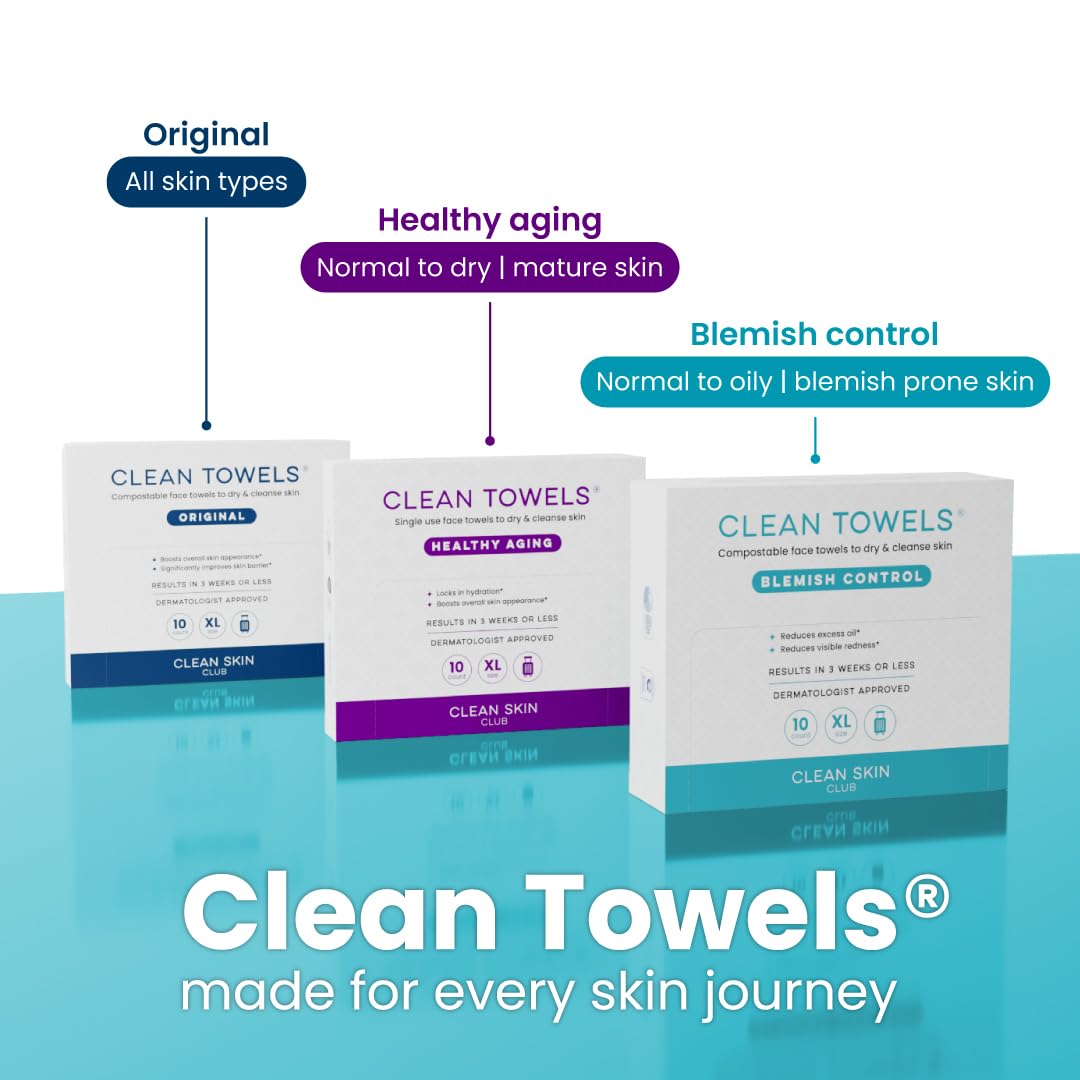 Clean Skin Club Blemish Control Clean Towels® XL, Travel Pack,Face Towels, Light Exfoliation for Oily Skin, Eczema Association Accepted Face Towel, TSA-Approved Travel Essential (10 Count(Pack of 1))