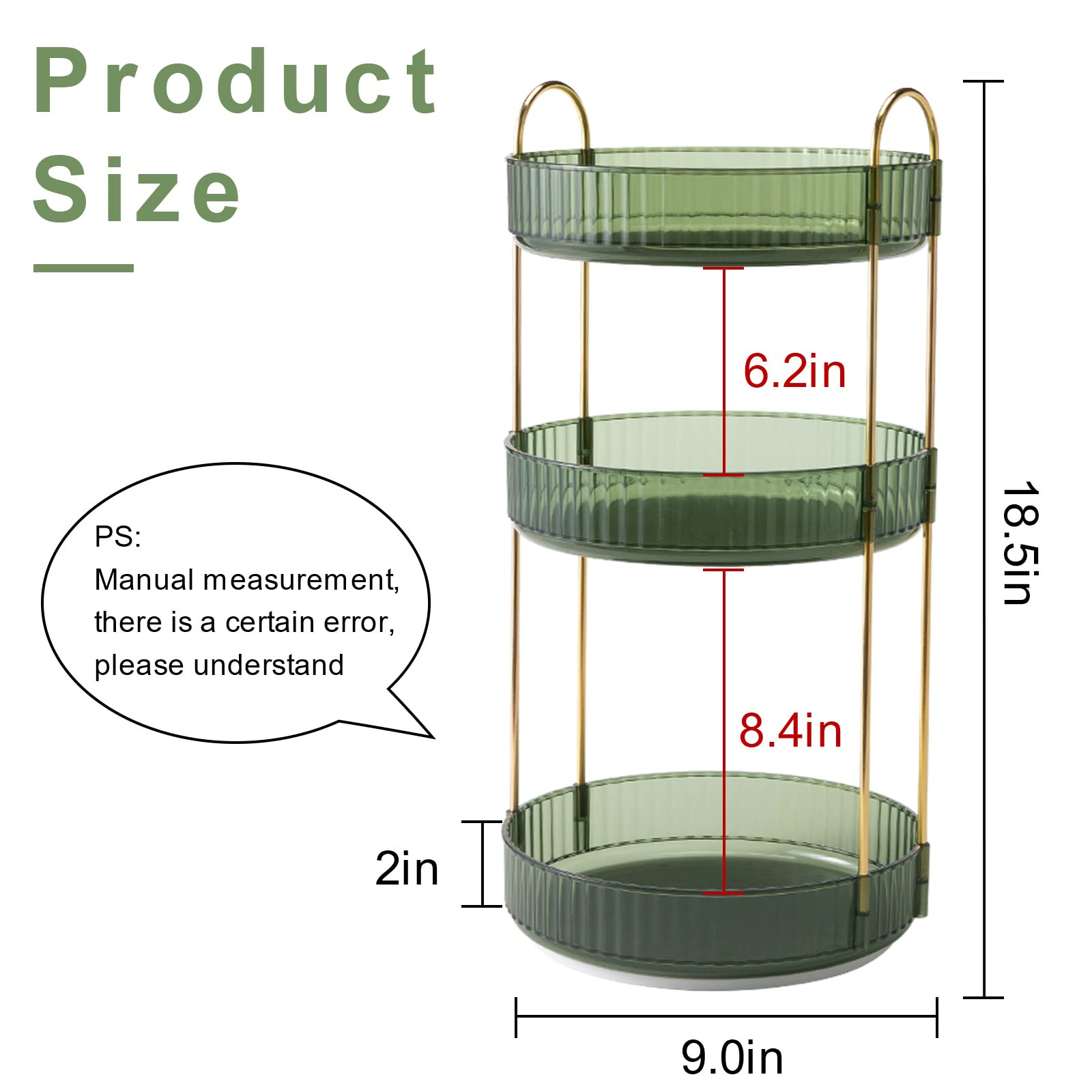 INVSSENE 360° Rotating Makeup Organizer, Bathroom Make Up Spinning Holder Rack, Large Capacity Cosmetics Storage Vanity Shelf Countertop, Fits Cosmetics, Perfume, Skincare(3 Tiers, Green)