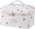 uekeboag Large Travel Quilted Makeup Bag for Women, Floral Cotton Cosmetic Bag, Coquette Aesthetic Floral Toiletry Organizer Bag(12Striated Cherry