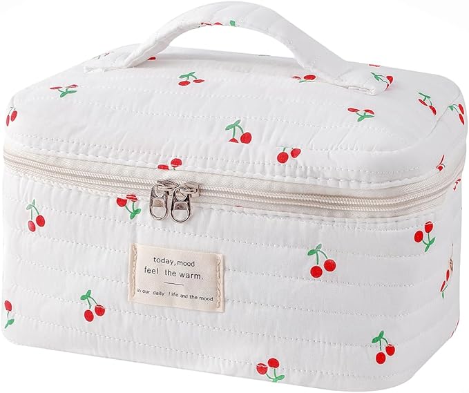 uekeboag Large Travel Quilted Makeup Bag for Women, Floral Cotton Cosmetic Bag, Coquette Aesthetic Floral Toiletry Organizer Bag(12Striated Cherry