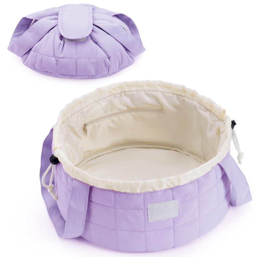 Narwey Quilted Drawstring Makeup Bag, Large Cosmetic Bag Cute Make up Bags Toiletry Bag Travel Bags for Toiletries Organizer for Women Gift for Teen Girls (Purple) (Patent)