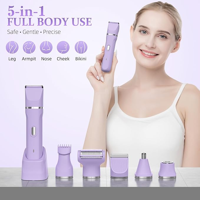 HOHOLE 5-in-1 Bikini Trimmer for Women, IPX7 Waterproof Electric Razors Shaver, Cordless Body Hair Trimmer, Facial & Pubic Hair Removal, Ceramic Blade (Purple)