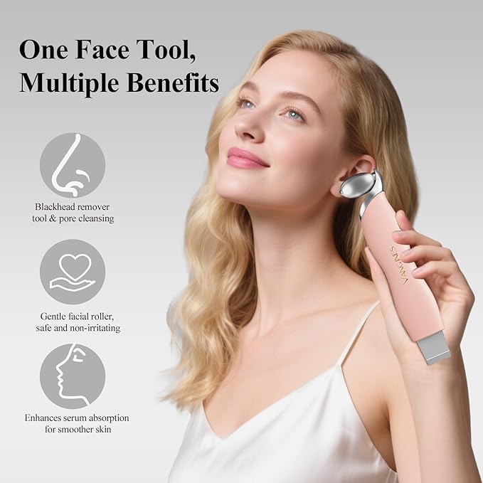 Vangines Blackhead Remover Tool with Ice Roller, Stainless Steel Face Scraper, Skin Scrubber Face Spatula for Deep Cleansing, 3-in-1 Skin Care Tool with 2 Silicone Brush Heads(Dusty Rose)
