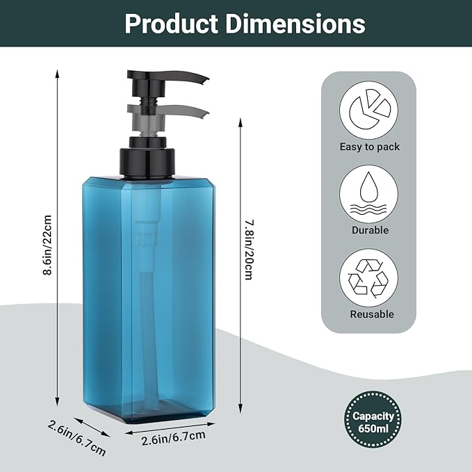 Suream Shampoo Dispenser for Shower, 22oz/650ml Shampoo and Conditioner Bottles with Labels, Lotion Bottle with Black Pump for Body Wash, Massage Oil, Moisturizer(Set of 3, Blue)