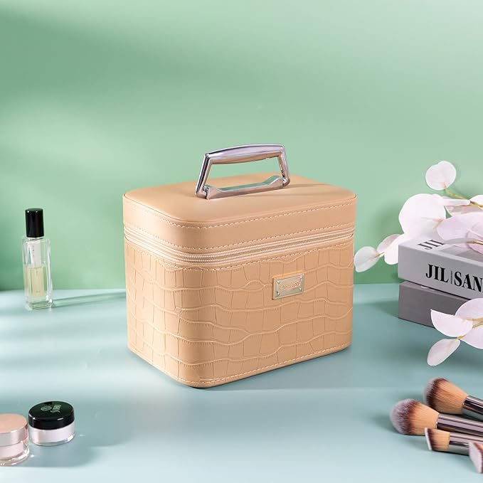Sluxa Fashion makeup box, Portable leather hard cosmetic case with mirror, Professional train case make up box for women adults. (Beige)