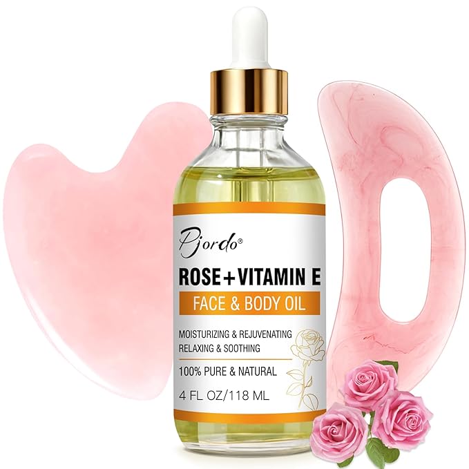 Vitamin E Rose Oil & Gua Sha Massage Tools Set, Gua Sha Oil for Face & Body, Organic Vitamin E Oil for Moisturizing and Hydrating, Anti Aging, Self Skin Care Gifts for Her Women