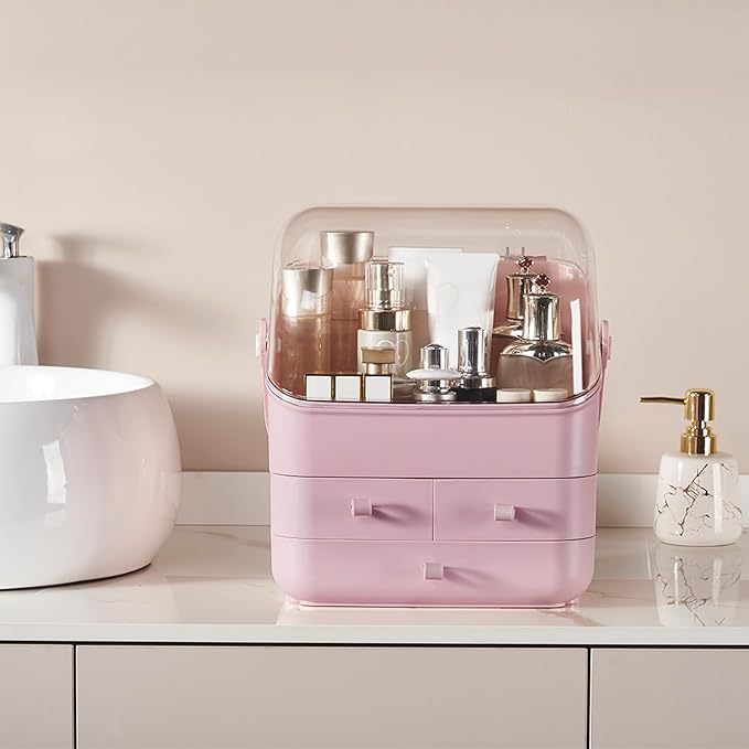 Large Makeup Organizer w Drawers Beauty Organizer Makeup Box Holder Vanity Organization Desk Countertop MakeUp Organizers Bathroom Counter Organizer Skincare Cosmetic Case Stand Dustproof Lid Gift