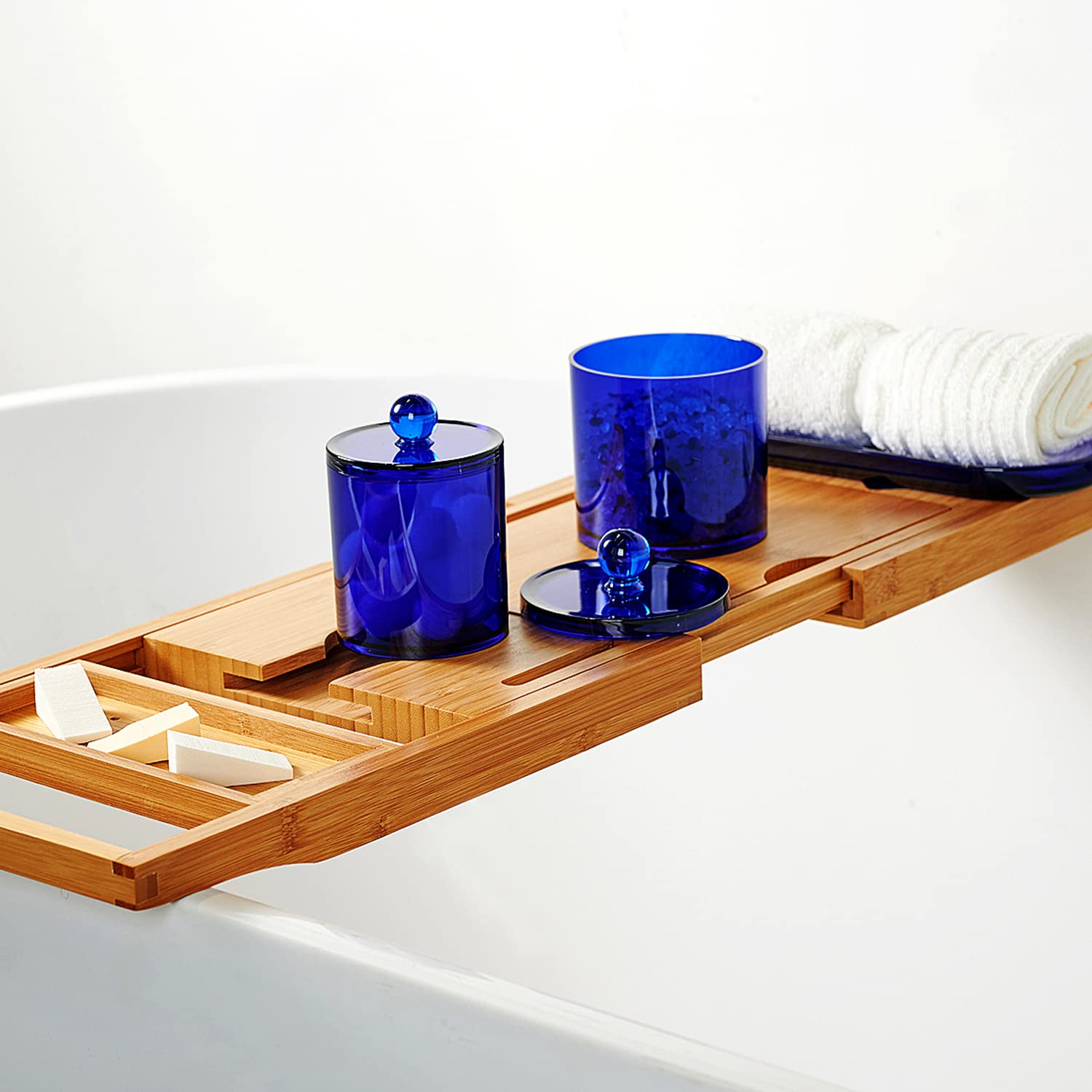 SheeChung 3 PCS Qtip Holder Bathroom Set with Tray, Acrylic Apothecary Jars