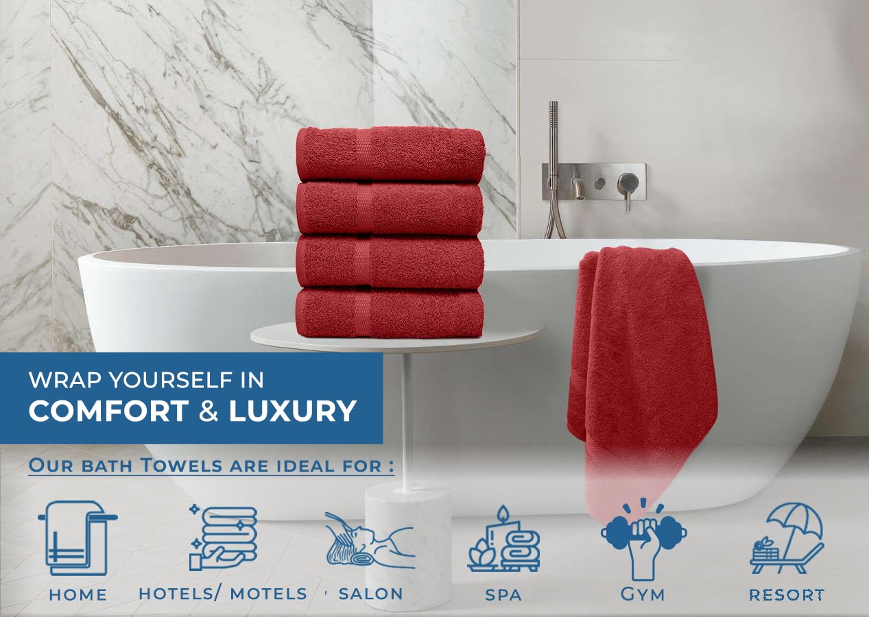 DAN RIVER 600 GSM Cotton Large Bath Towels Set of 4, 27 x 54 Inches, Red