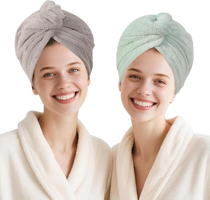 Microfiber Hair Drying Towel Wrap for Women, Hair Turbans Towel for Wet Hair,turbie Twist Hair Towels(The Color of the Picture is for Reference only) (Gray,Light Green)