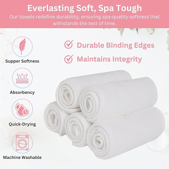 Efforest Facial Towels for Estheticians – Microfiber Soft Spa Towel for Skincare, Massage & Professional Use (White, Pack of 5)