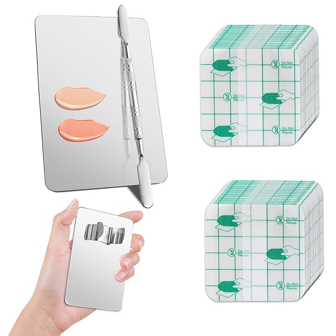 Makeup Mixing Palette Set Includes Make Up Spatula, 100 Pieces of Makeup Hand Palette Single Use Cosmetic Tape, Foundation Palettes with Finger Ring on the Back for Make Up Artist