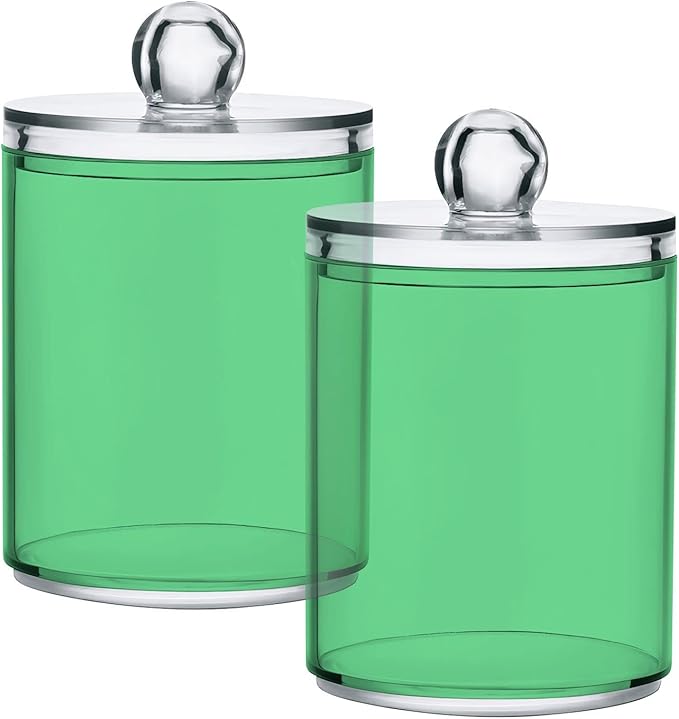 Navy Green Qtip Holder Organizer Dispenser Cotton Swabs Cans Plastic Jars with Lid Set 4 Pack Bathroom Storage Canister for Cotton Ball Floss Cotton Pads
