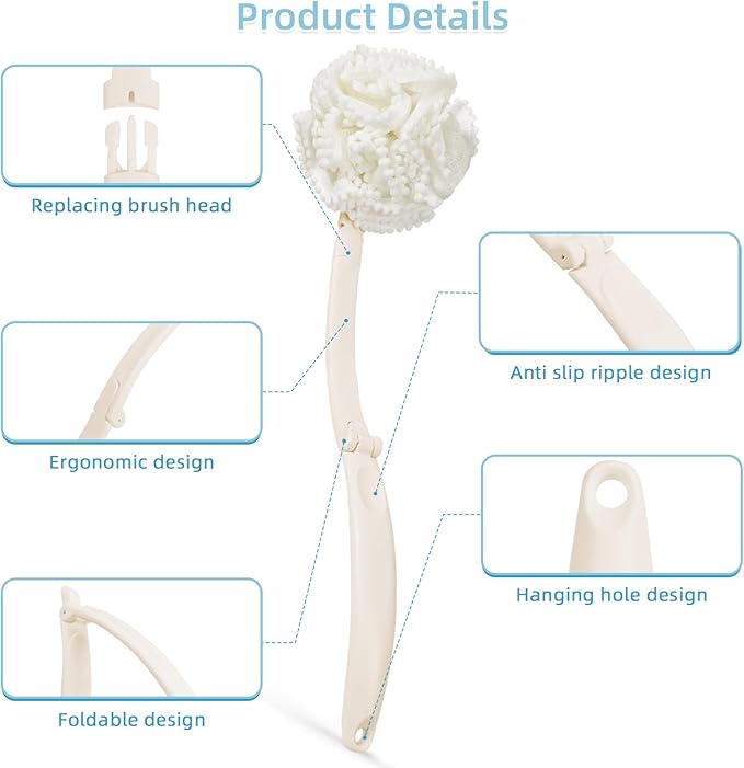 Topfinder Loofah Sponge with Handle,Back Scrubber Brush for Shower, Lotion Applicator for Back,3 in 1 Shower Kit (White loofah)