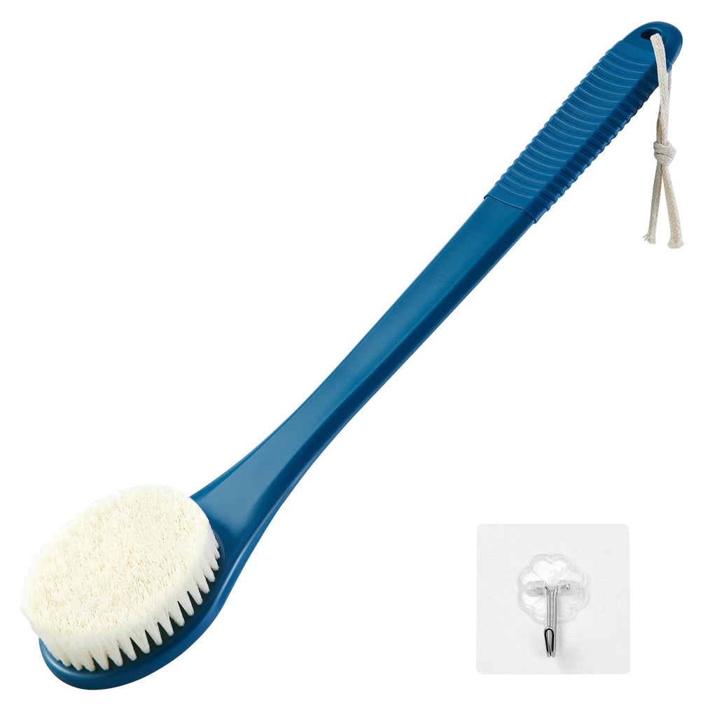 Back Scrubber for Shower, Shower Body Brush for Cleaning with Long Handle for Showering, 17 Inch Back Washer Exfoliator for Shower Men Women with Non-Slip Handle, Adhesive Hook (Navy Blue)