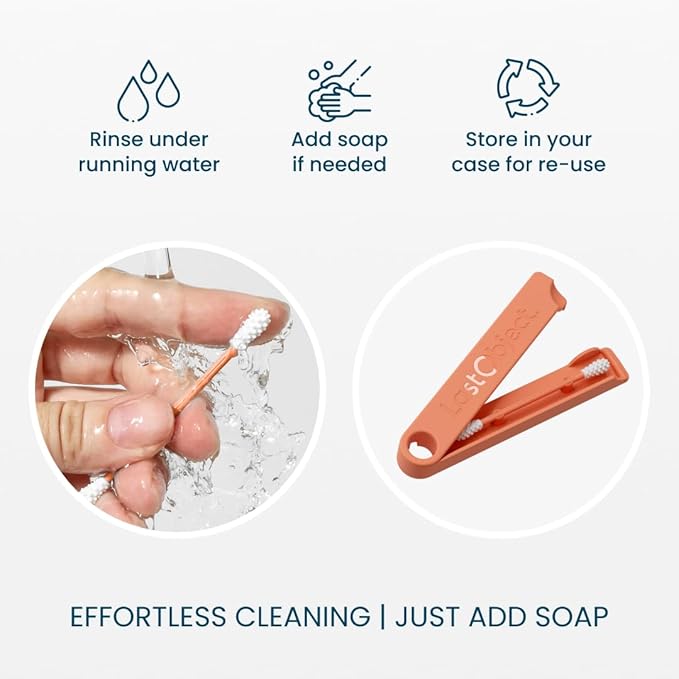 LastSwab® Reusable Cotton Swabs & Reusable Q-Tips - Washable Silicone Ear Swabs, Ear Cleaner & Wax Removal Tool - Eco-Friendly Zero Waste Single-Use Qtips Alternative - Travel Case Holder - Peach