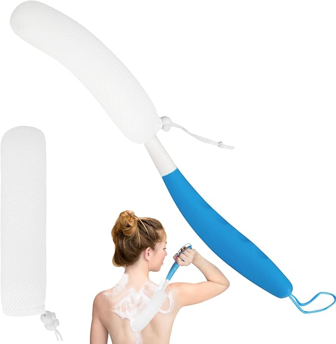 Back Scrubber for Shower, 15.35" Long Handle Shower Brush for Body, Back Brush for Shower for Men Women, Long Handled Bath Sponge for Deep Clean, Exfoliating, Anti-Slip Curve Handled Back Scrubber