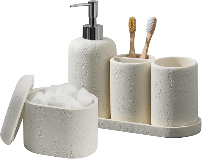 Bathroom Accessories Set, 5PCS, Travertine Stone Look