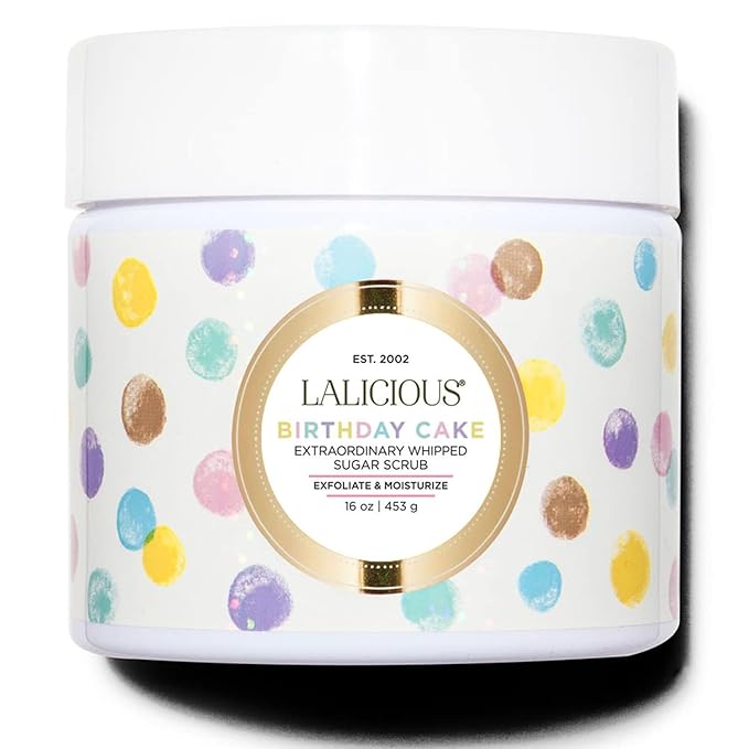 LALICIOUS Birthday Cake w Pink Shimmer - Exfoliating & Moisturizing Whipped Body Scrub | Sugar & Coconut Oil | Gently Buffs & Smooths Sensitive Skin | No Parabens | Large 16oz