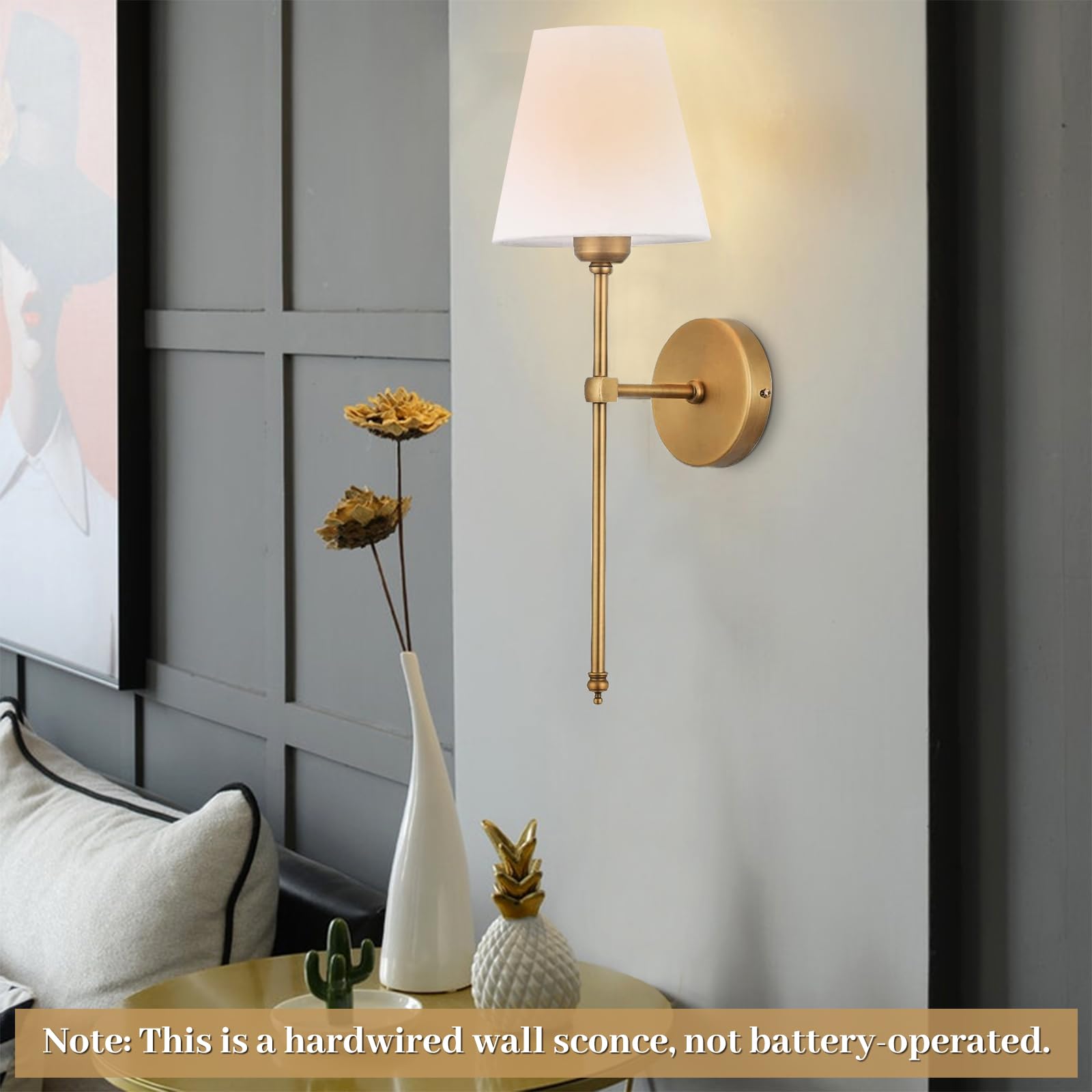 Bsmathom Wall Sconces Sets of 2, Hardwired Classic Brushed Brass Sconces Wall Lighting, Bathroom Vanity Light Fixture with Fabric Shade for Bedroom Living Room Hallway Kitchen, Gold