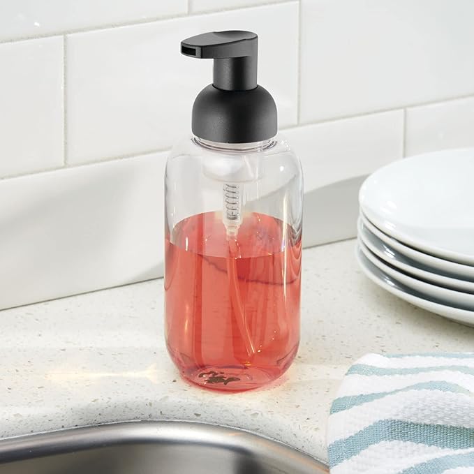 mDesign Round Plastic Refillable Foaming Soap Dispenser Pump Bottle for Bathroom Vanity Countertop - Vintage-Inspired, Compact Container Design - Twain Collection - 2 Pack - Clear/Matte Black