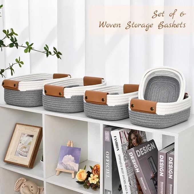 Storage Baskets for Organizing, Small Woven Basket Set of 6-4 Shelf Basket with Leather Handle and 2 Small Gift Baskets, Cotton Rope Basket for Shelves, Nursery, Dog Toy, Bathroom