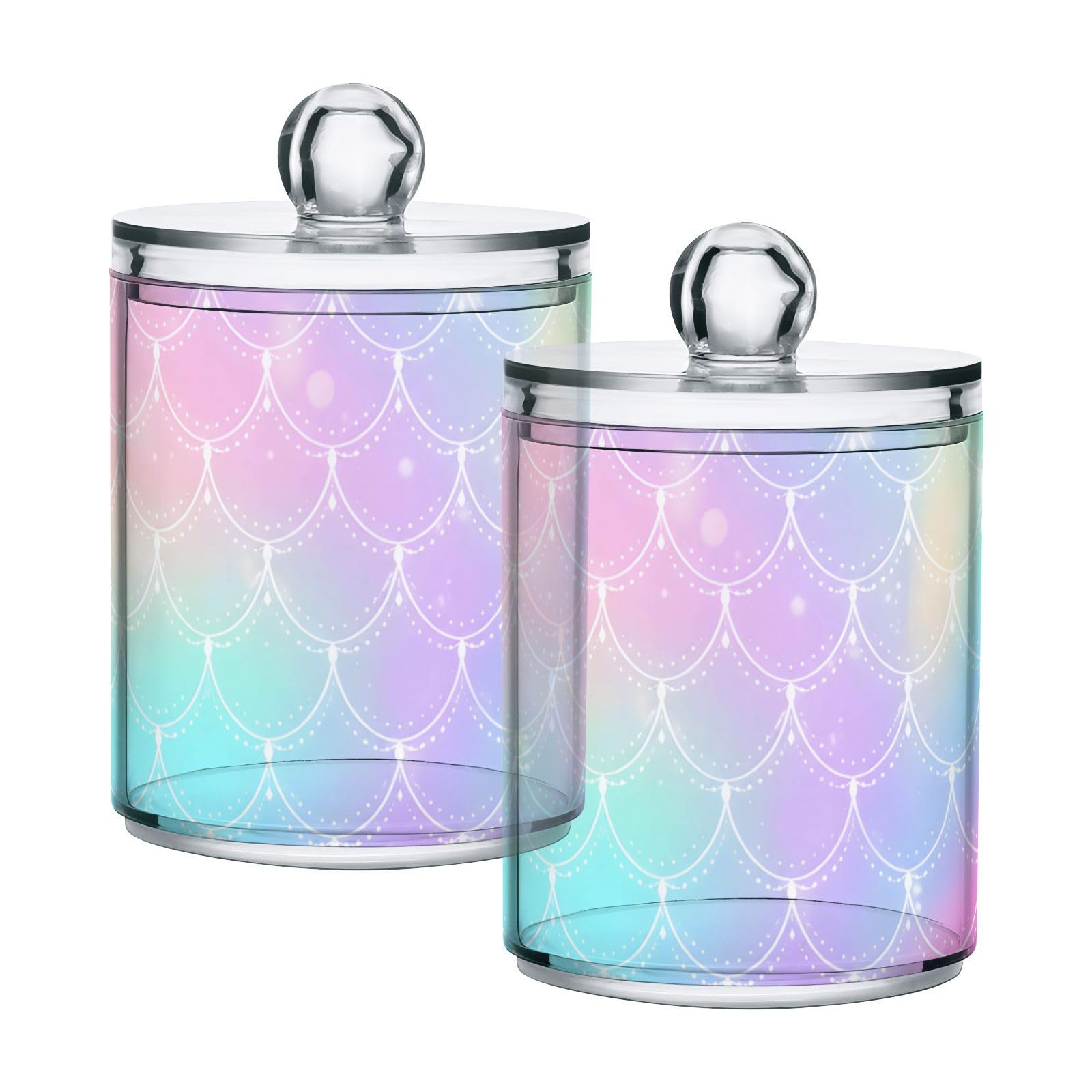 2 Pack Qtip Holder Dispenser for Cotton Ball Rainbow Scales Mermaid Cotton Swab Cotton Round Pads Clear Plastic Acrylic Jar Set Bathroom Canister