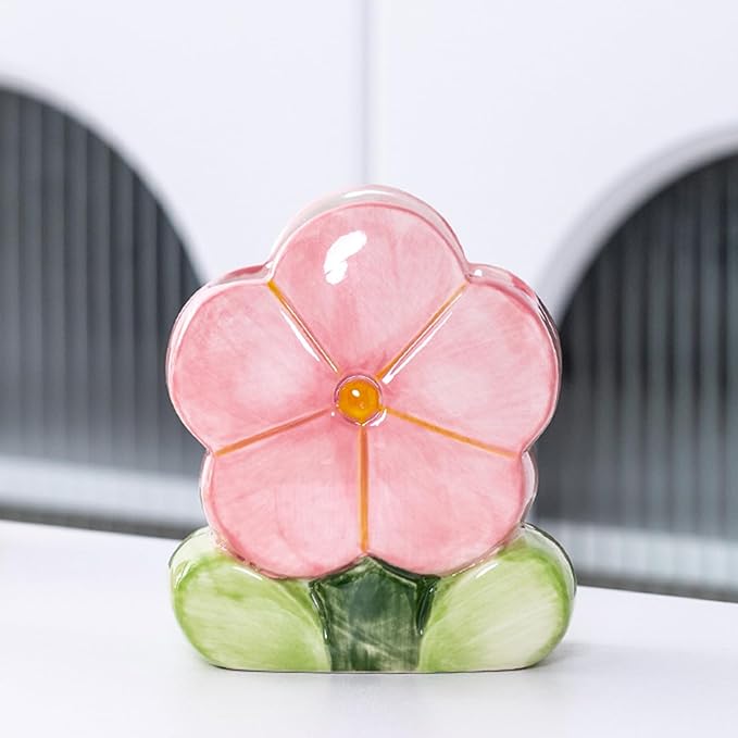 TANG SONG Ceramic Bloom Five Petals Make up Brush Holder Flower Cosmetic Storage Box Pen and Pencil Holder Desktop Organizers (Pink)