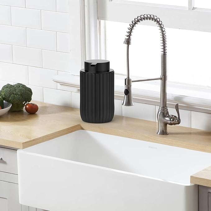 POSOSTO Ceramic Foaming Hand Soap Dispenser 2Pack，12 oz Bathroom Soap Dispensers， Lotion Dispenser for Kitchen, Refillable Matte Streaks Soap Dispenser with Large Pump (Black-2Pack)