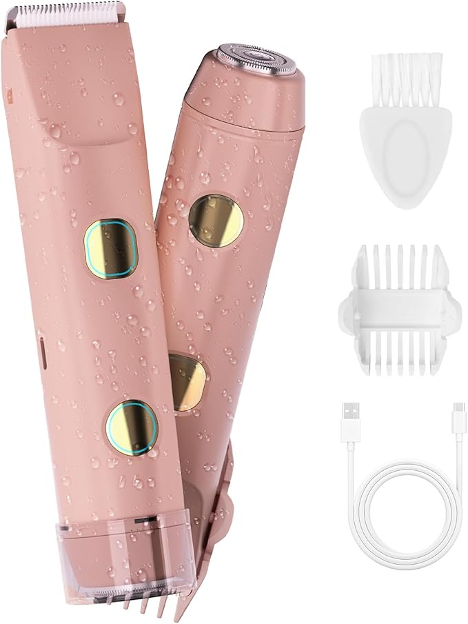 2-in-1 Bikini Trimmer for Women, IPX7 Waterproof Electric Shaver, Body Hair Trimmer & Electric Razor for Face, Lips, Pubic Area, Legs, Pink