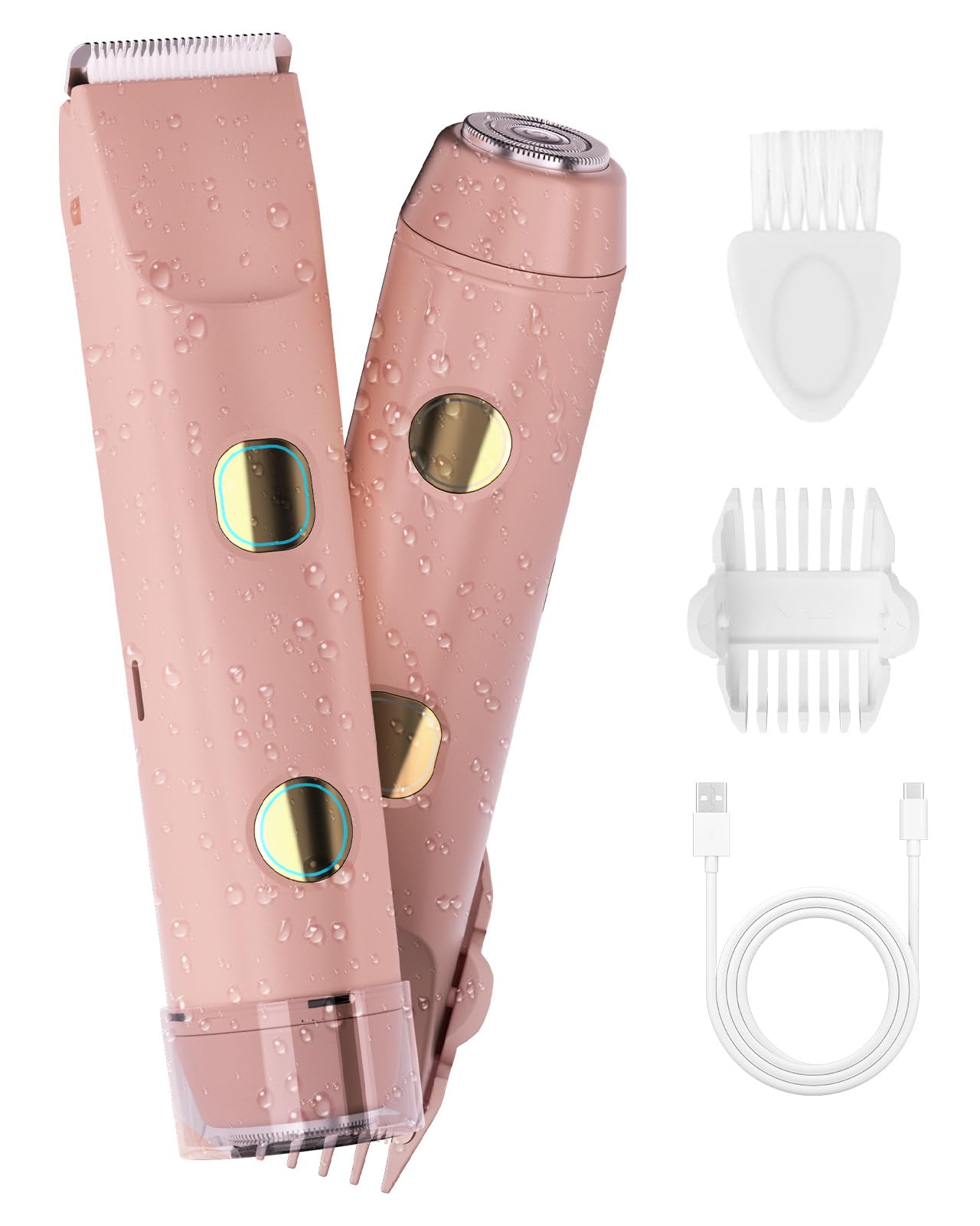 2-in-1 Bikini Trimmer for Women, IPX7 Waterproof Electric Shaver, Body Hair Trimmer & Electric Razor for Face, Lips, Pubic Area, Legs, Pink