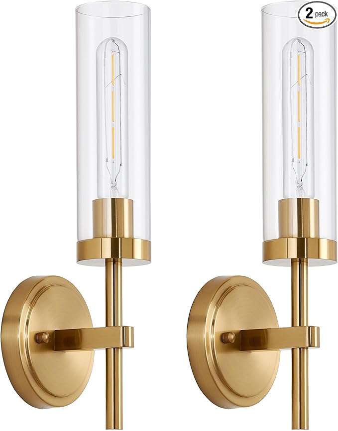 Hardwired Wall Sconces Set of Two, Brushed Gold Bathroom Sconces Wall Lighting Vanity Light Fixtures with Clear Glass, Brushed Brass Wall Decor Lights for Mirror Living Room Bedroom Hallway Stairwell