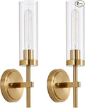 Hardwired Wall Sconces Set of Two, Brushed Gold Bathroom Sconces Wall Lighting Vanity Light Fixtures with Clear Glass, Brushed Brass Wall Decor Lights for Mirror Living Room Bedroom Hallway Stairwell