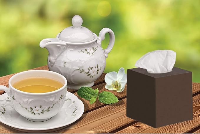 Brown Tissue Box Cover Square - Plastic Facial Tissue Box Holder Set of 2 - Cube Tissue Holder Dispensers Fit Any Vanity Countertop, Bedroom Dresser, Office Desk or Brown Bathroom Decor