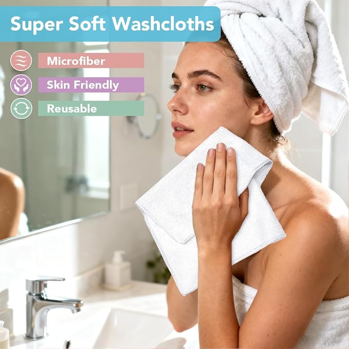 Orighty Washcloths, 20 Pack Microfiber Face Towels, Highly Absorbent and Soft Feel Wash Cloths & Hand Towels for Bathroom, Hotel, Spa, and Gym, 11.5x11.5 Inch, White
