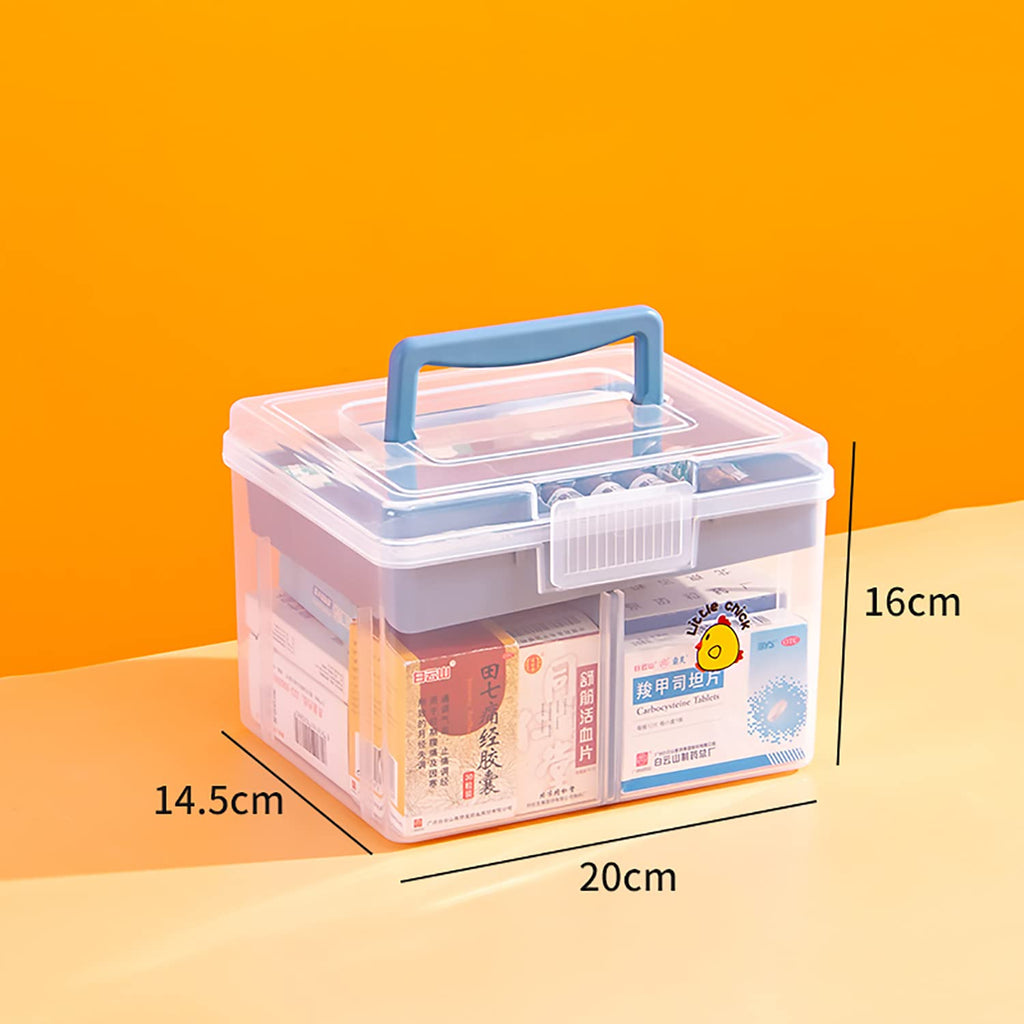 FOREVERIE Clear Small Plastic Storage Box with Handle & A Removable Tray & Adjustable Divider, Kids Students Children Art Box, Desk Organiser Case, Medicine Storage Box (Clear & Ocean Blue)