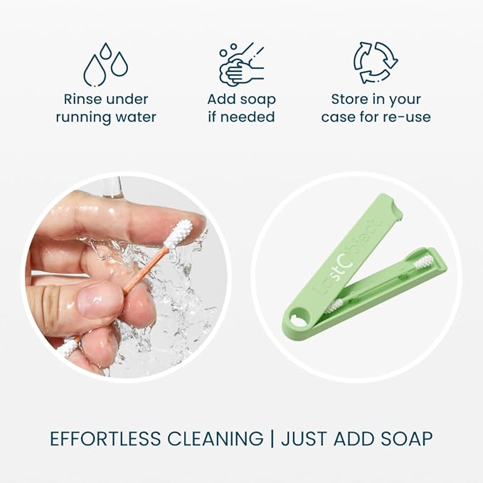 LastSwab® Reusable Cotton Swabs & Reusable Q-Tips - Washable Silicone Ear Swabs, Ear Cleaner & Wax Removal Tool - Eco-Friendly Zero Waste Single-Use Qtips Alternative - Travel Case Holder - Green