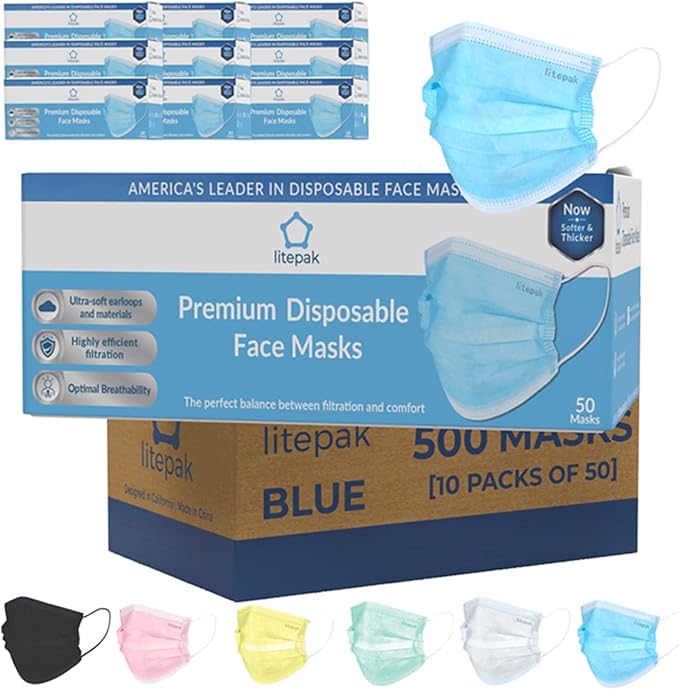 Litepak 500pcs Disposable Face Masks, 3-Ply Dust Mask for Work, Nose Wire
