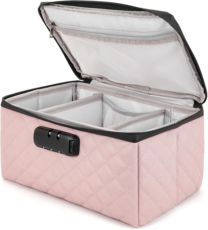 KaAutoler Portable makeup box with Lock, Large Capacity Travel Makeup Case Organizer, Makeup Bags for Girls Traveling With Handle and Divider Makeup Bag (Pink)