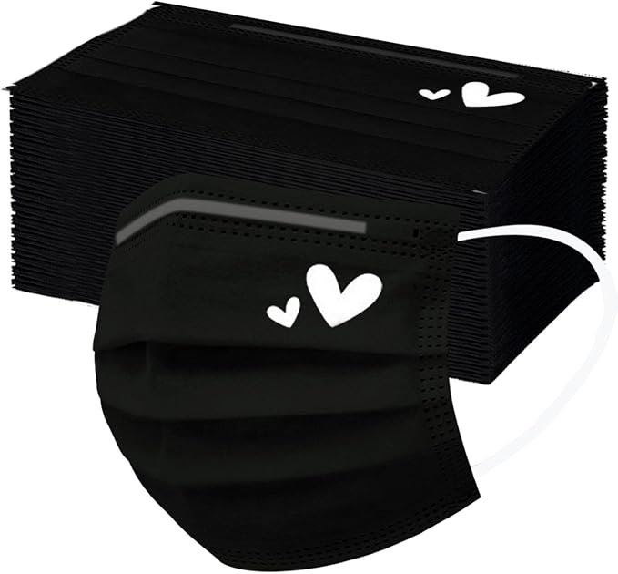 YOMEESOUL 50pcs Cute Disposable Face Masks, Pink And Black Masks with Hearts Printed, 3-Ply Full Protection for Women Teen Girls (White Hearts)