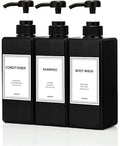 Modern Shampoo and Conditioner Dispenser (21 oz, Pack of 3) Refillable Pump Bottle Set Empty Shower Plastic Bottles with Pump for Bathroom Body Wash Soap and Shower (Black)