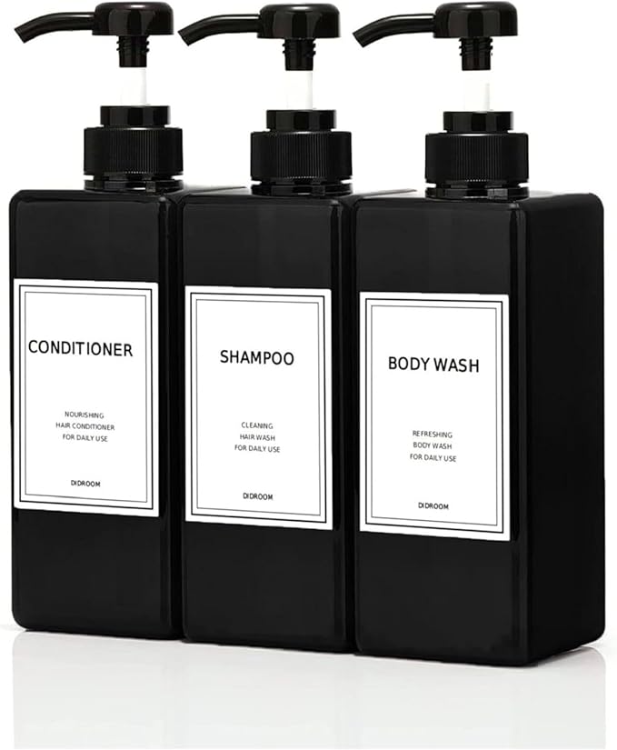 Modern Shampoo and Conditioner Dispenser (21 oz, Pack of 3) Refillable Pump Bottle Set Empty Shower Plastic Bottles with Pump for Bathroom Body Wash Soap and Shower (Black)