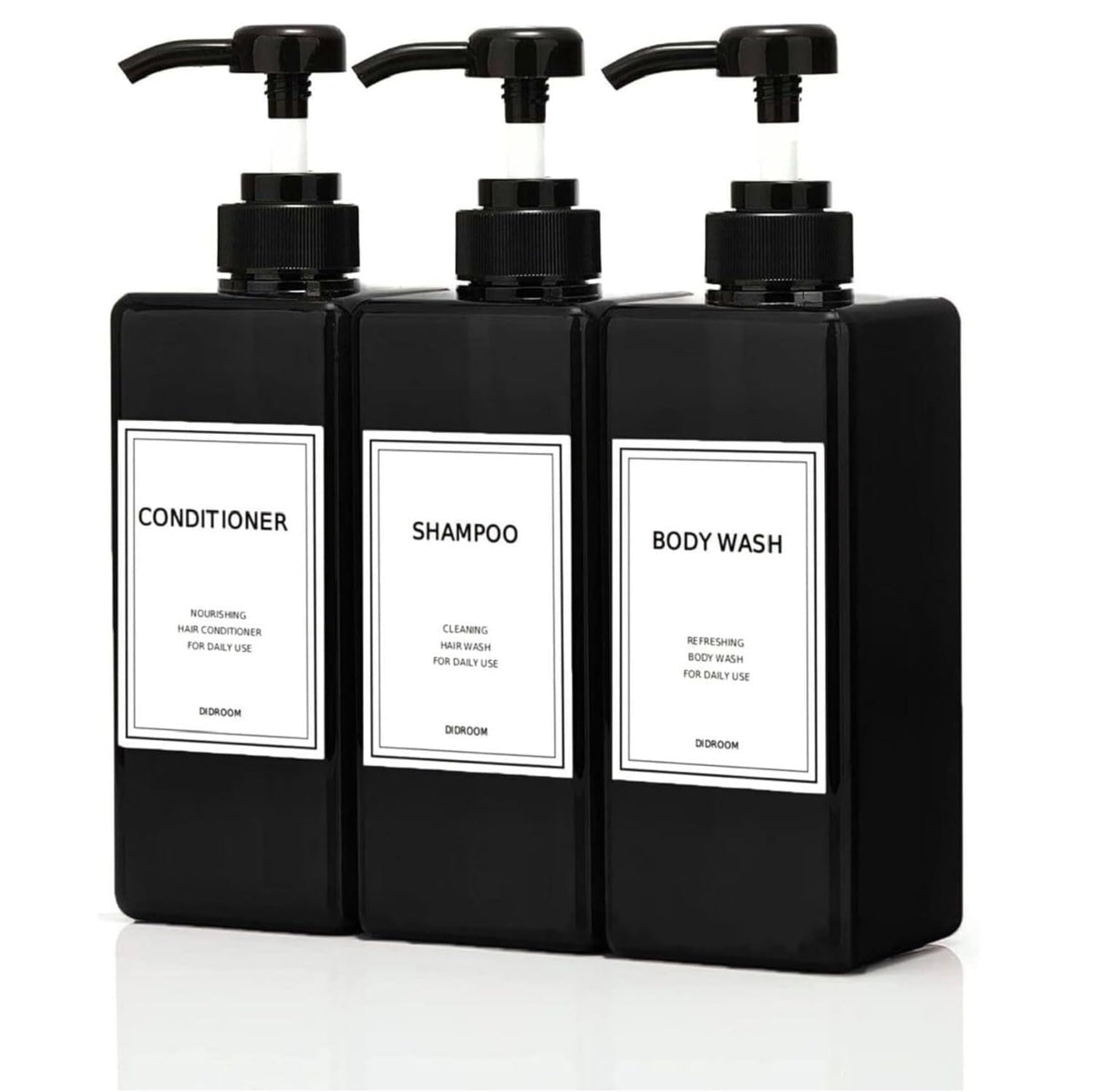 Modern Shampoo and Conditioner Dispenser (21 oz, Pack of 3) Refillable Pump Bottle Set Empty Shower Plastic Bottles with Pump for Bathroom Body Wash Soap and Shower (Clear)