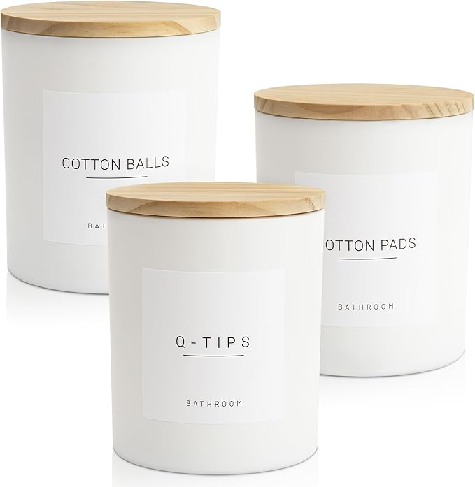 Ezebesta 3PCS Farmhouse 13.53oz White Bathroom Canisters with 12 Labels & Wooden Lid Thick Glass Jar Set Qtip Holder for Cotton Ball & Pads Storage Organization Minimalist Decor