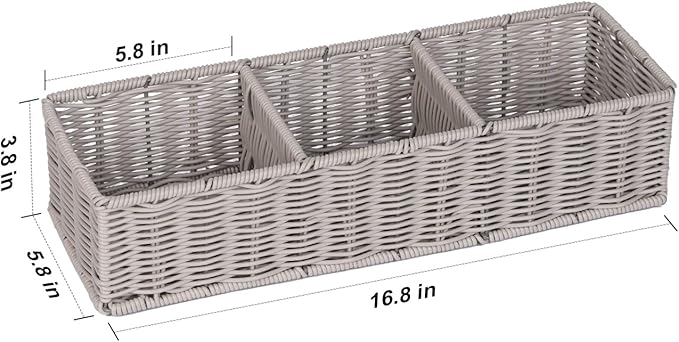 Gray 3-Section Wicker Storage Basket - Modern Minimalist Toilet Paper & Toiletries Organizer